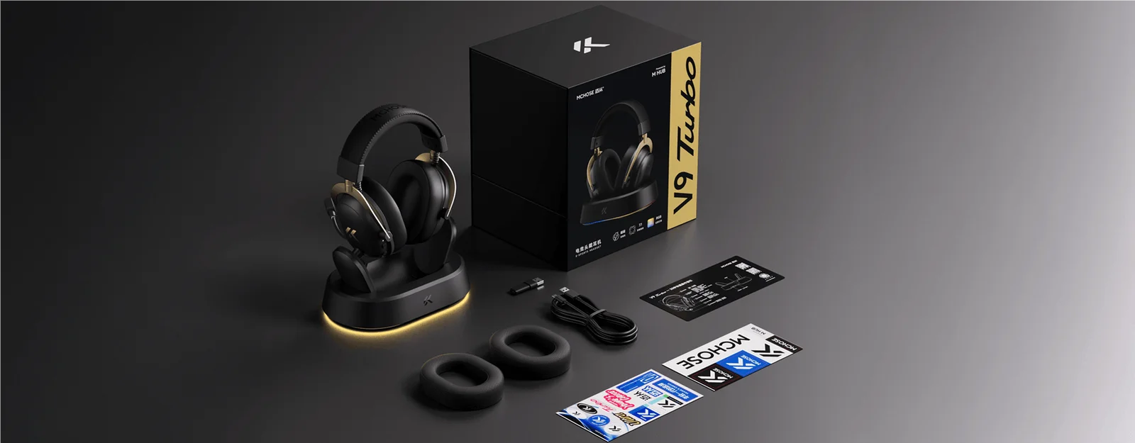 Auriculares Inalámbricos para Juegos MCHOSE V9 Turbo + con Sonido Envolvente 7.1 de 60 mm, Auriculares Profesionales para Esports con Base de Carga RGB