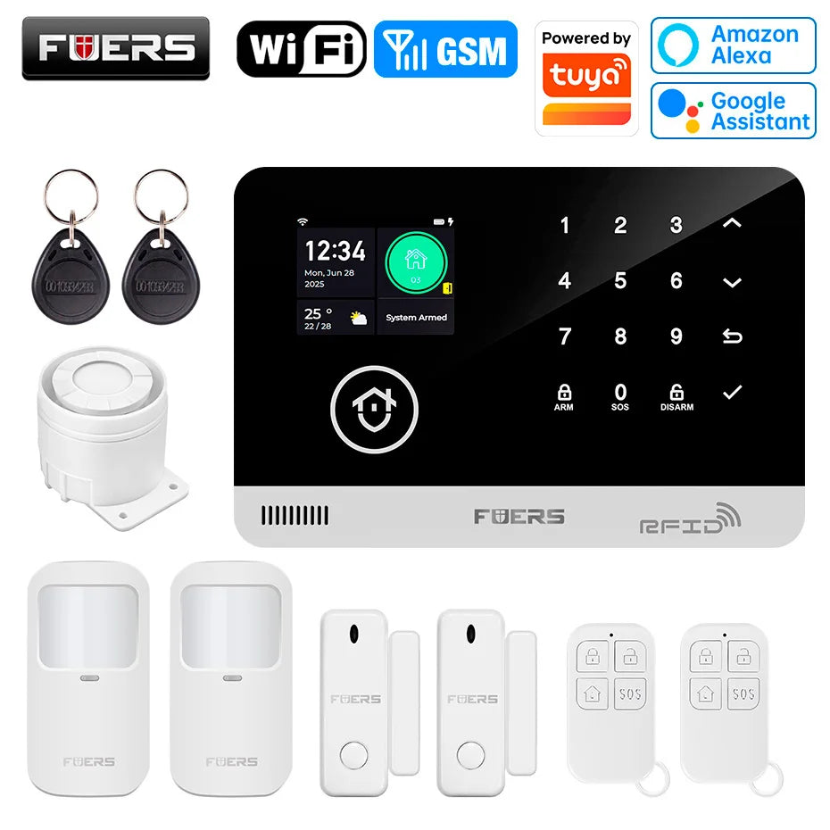 Sistema de alarma FUERS para el hogar TUYA WIFI inteligente GSM alarma de seguridad Host con Sensor de movimiento de puerta Tuya aplicación inteligente control trabajo Alexa