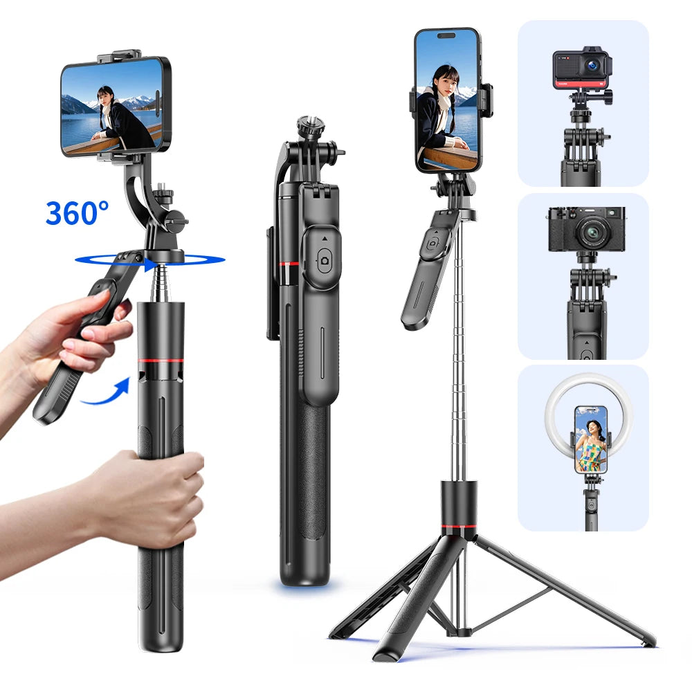 Trípode/palo selfie F16 con poste de 8 secciones de 1708 mm de largo, control remoto Bluetooth, 360 °   Rotación, interfaz 1/4, para cámara de teléfono Vlog