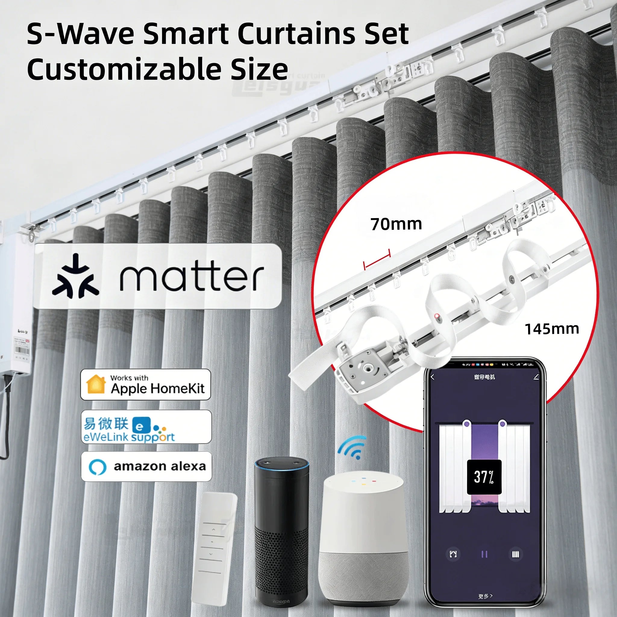 Sistema de Riel para Cortinas Inteligentes S Wave, Motor Compatible con Matter, Homekit, eWeLink y Asistente de Hogar Inteligente