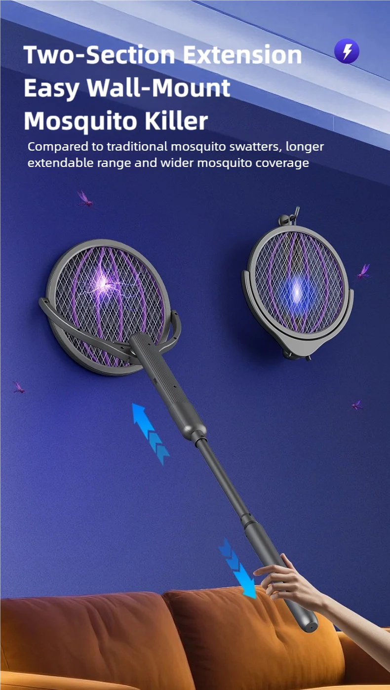 Raqueta Eléctrica Retráctil para Mosquitos TINSOL, Recargable, con Cabezal Giratorio, Mata Mosquitos de Doble Uso para Interiores y Exteriores