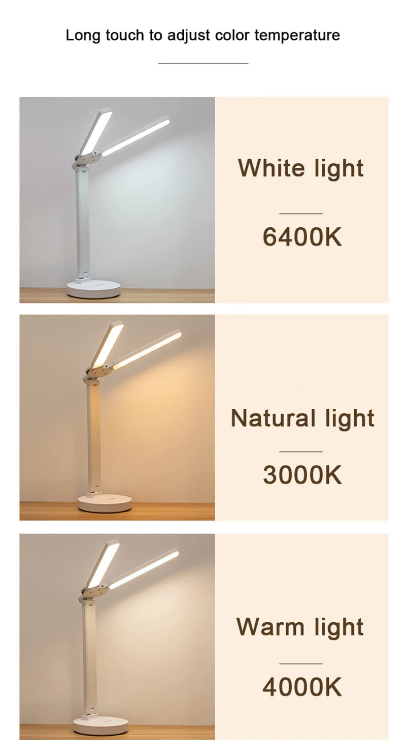 Lámpara de mesa de reloj LED recargable por USB, lámparas de escritorio regulables, 2 cabezales, rotación de 180 grados, protección ocular plegable, luces nocturnas de lectura de escritorio