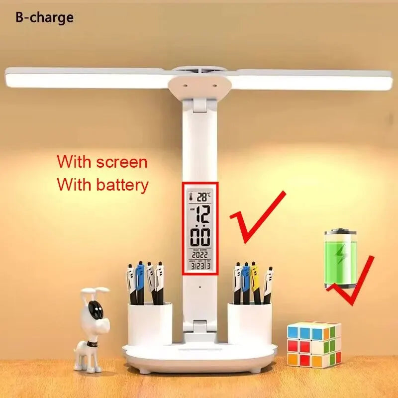 Lámpara de mesa de reloj LED recargable por USB, lámparas de escritorio regulables, 2 cabezales, rotación de 180 grados, protección ocular plegable, luces nocturnas de lectura de escritorio