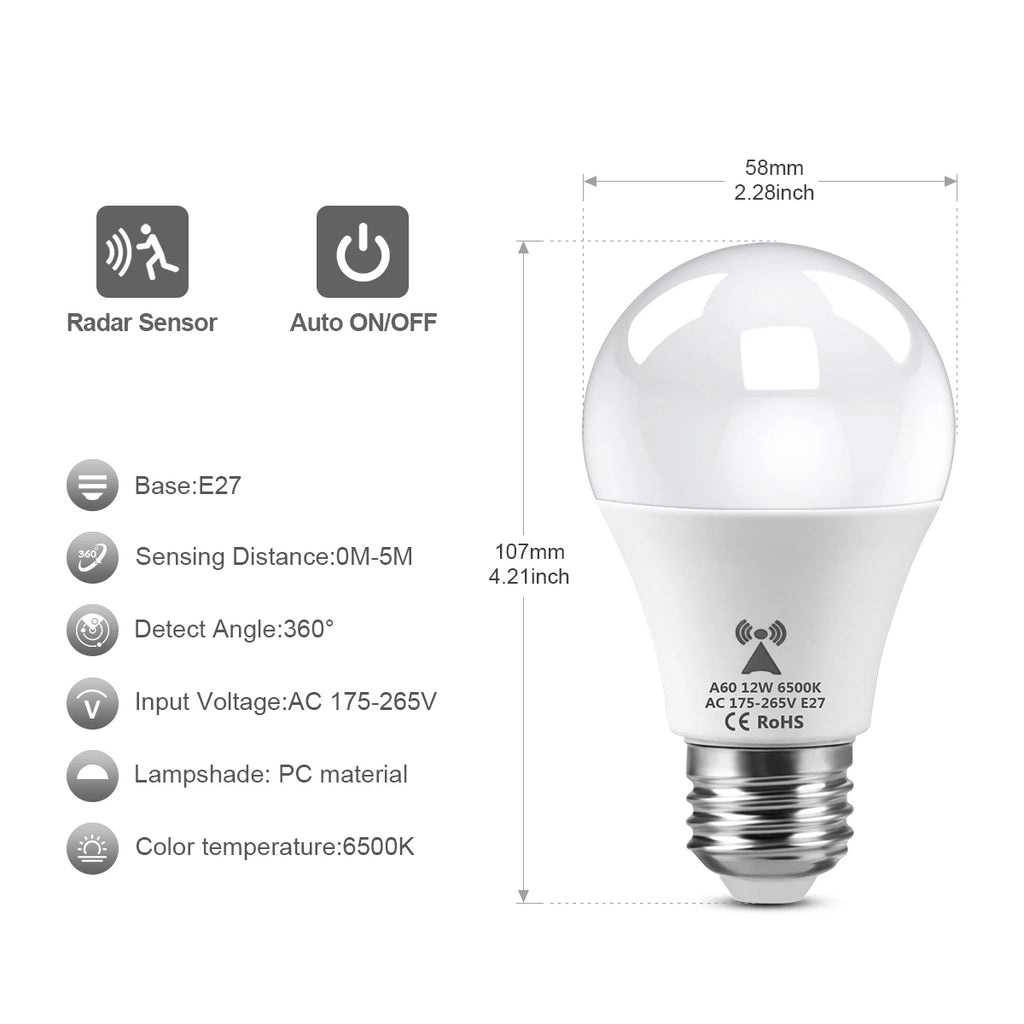 Bombilla LED de detección de Radar de microondas, 220V, E27, 12W, lámpara de inducción de movimiento, Radar incorporado/sensores de luz para escaleras del hogar