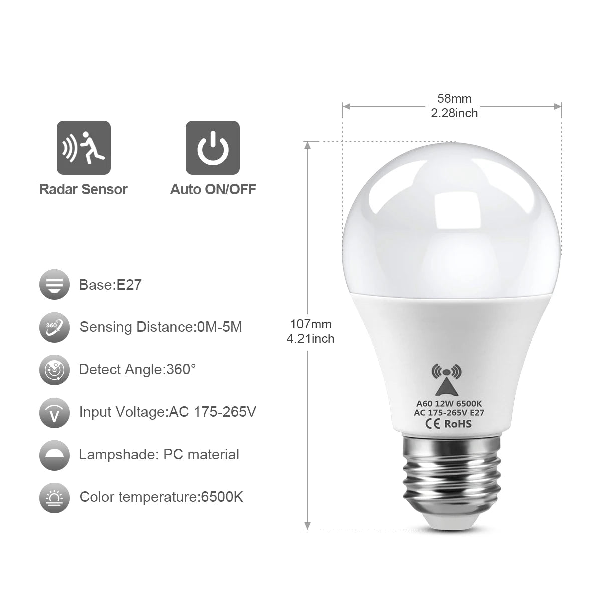 Bombilla LED de detección de Radar de microondas, 220V, E27, 12W, lámpara de inducción de movimiento, Radar incorporado/sensores de luz para escaleras del hogar