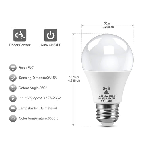 Bombilla LED de detección de Radar de microondas, 220V, E27, 12W, lámpara de inducción de movimiento, Radar incorporado/sensores de luz para escaleras del hogar