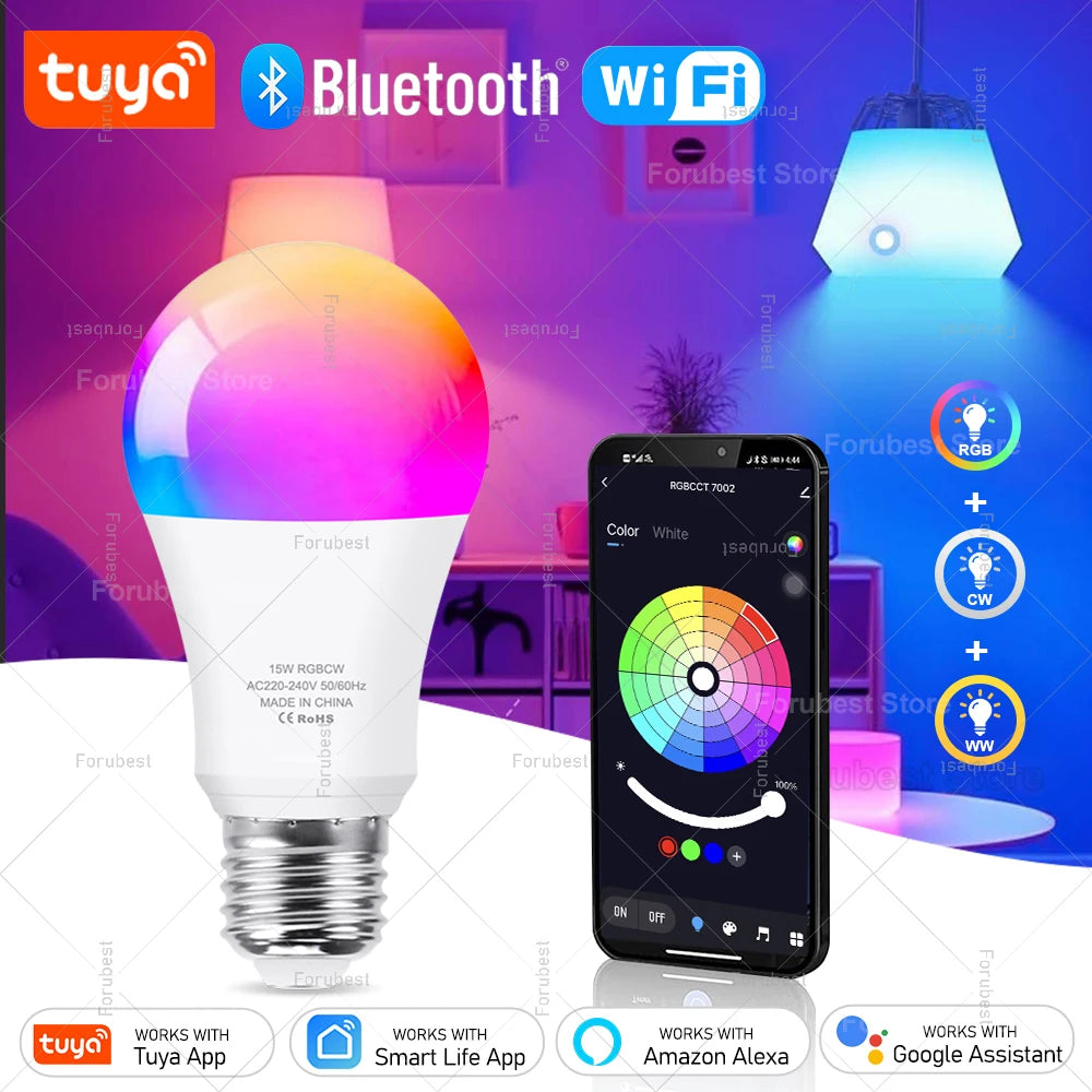 Bombilla LED inteligente Tuya E27 RGB CW 15W 20W WiFi Bluetooth lámpara Led decoración del hogar iluminación 220V 110V para Alexa Amazon Google Voice
