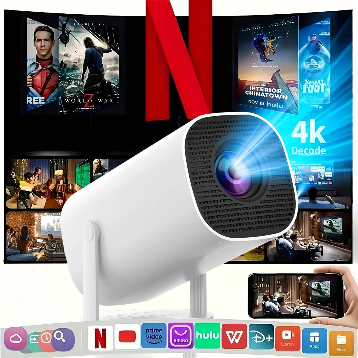 Nuevo proyector portátil con WiFi 6 y inalámbrico 5,0, proyector inteligente nativo 720P compatible con 4K, pantalla ajustable, 180 °   Rotación, B