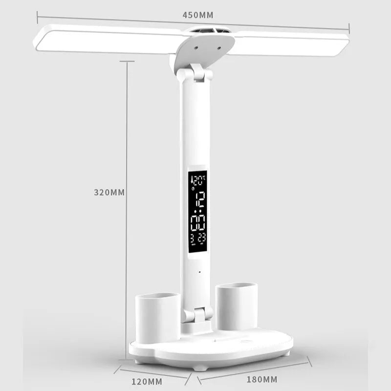 Lámpara de mesa de reloj LED recargable por USB, lámparas de escritorio regulables, 2 cabezales, rotación de 180 grados, protección ocular plegable, luces nocturnas de lectura de escritorio