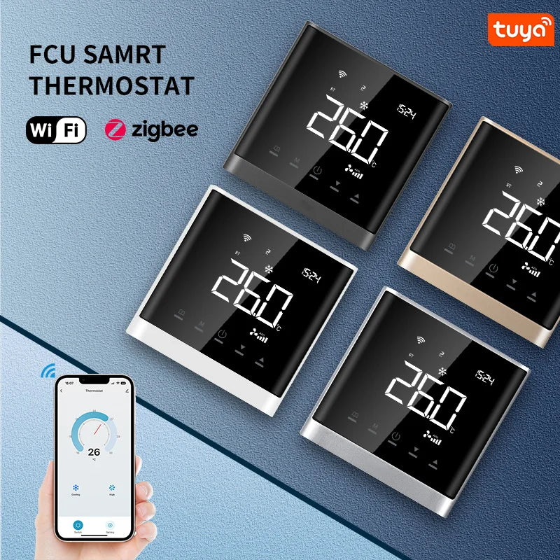 Termostato Modbus para Unidad Fan Coil (FCU) con Wifi, Compatible con la Aplicación Tuya Smart Life, Comunicación RS485, Pantalla LCD de 2.8 Pulgadas, Fácil Instalación, Aire Acondicionado