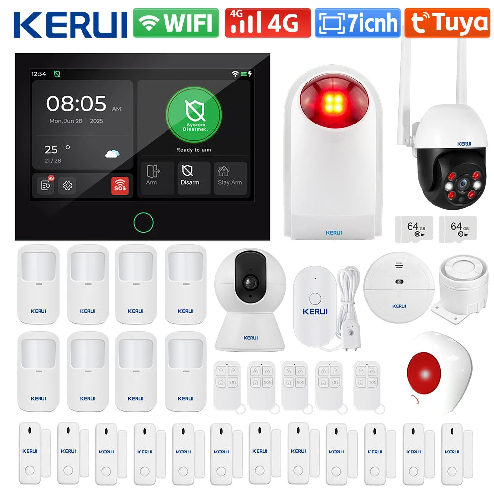 KERUI Tuya WiFi + sistema de alarma para el hogar 4G con Panel de pantalla táctil grande de 7 pulgadas conjunto de alarma FSK / ASK para protección de seguridad del hogar G70