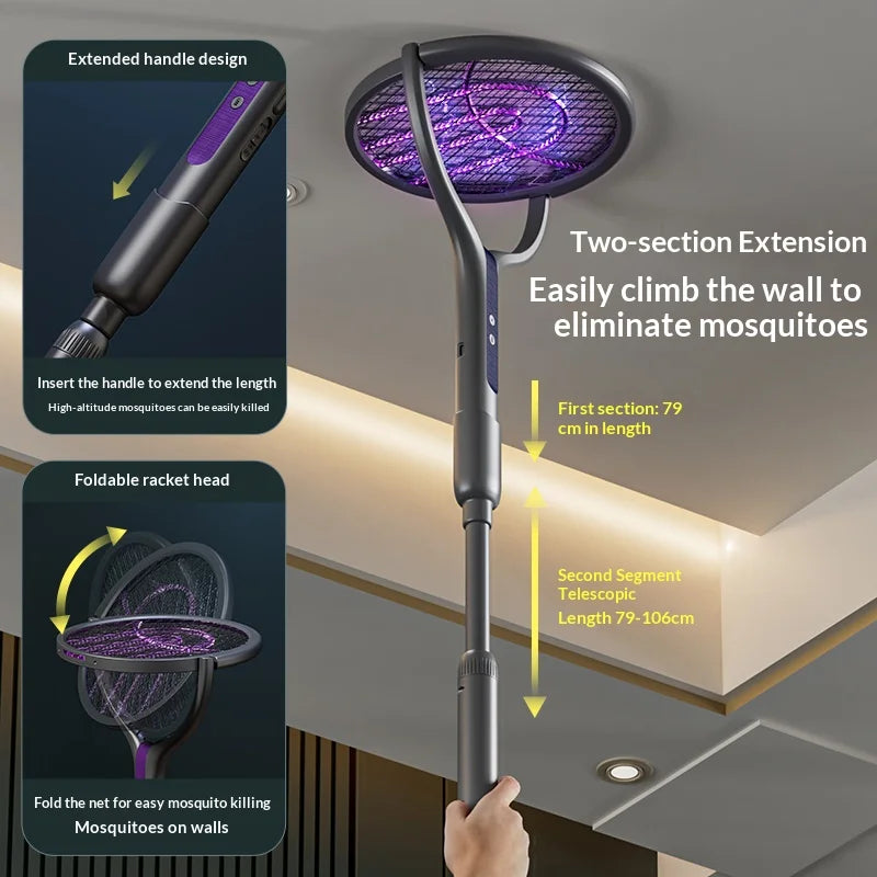 Raqueta Eléctrica Recargable para Matar Insectos con Cabezal Giratorio, Matamoscas y Lámpara Trampa para Mosquitos para Interiores y Exteriores