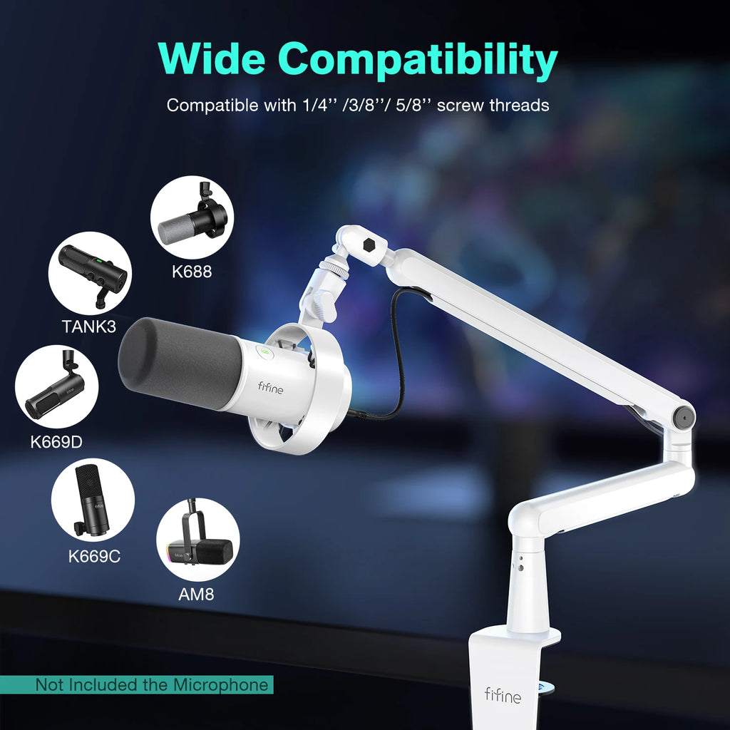 FIFINE Brazo de brazo de micrófono, brazo de micrófono ajustable de perfil bajo con abrazadera de montaje en escritorio, almacenamiento de cables para juegos en streaming-Blanco BM88W