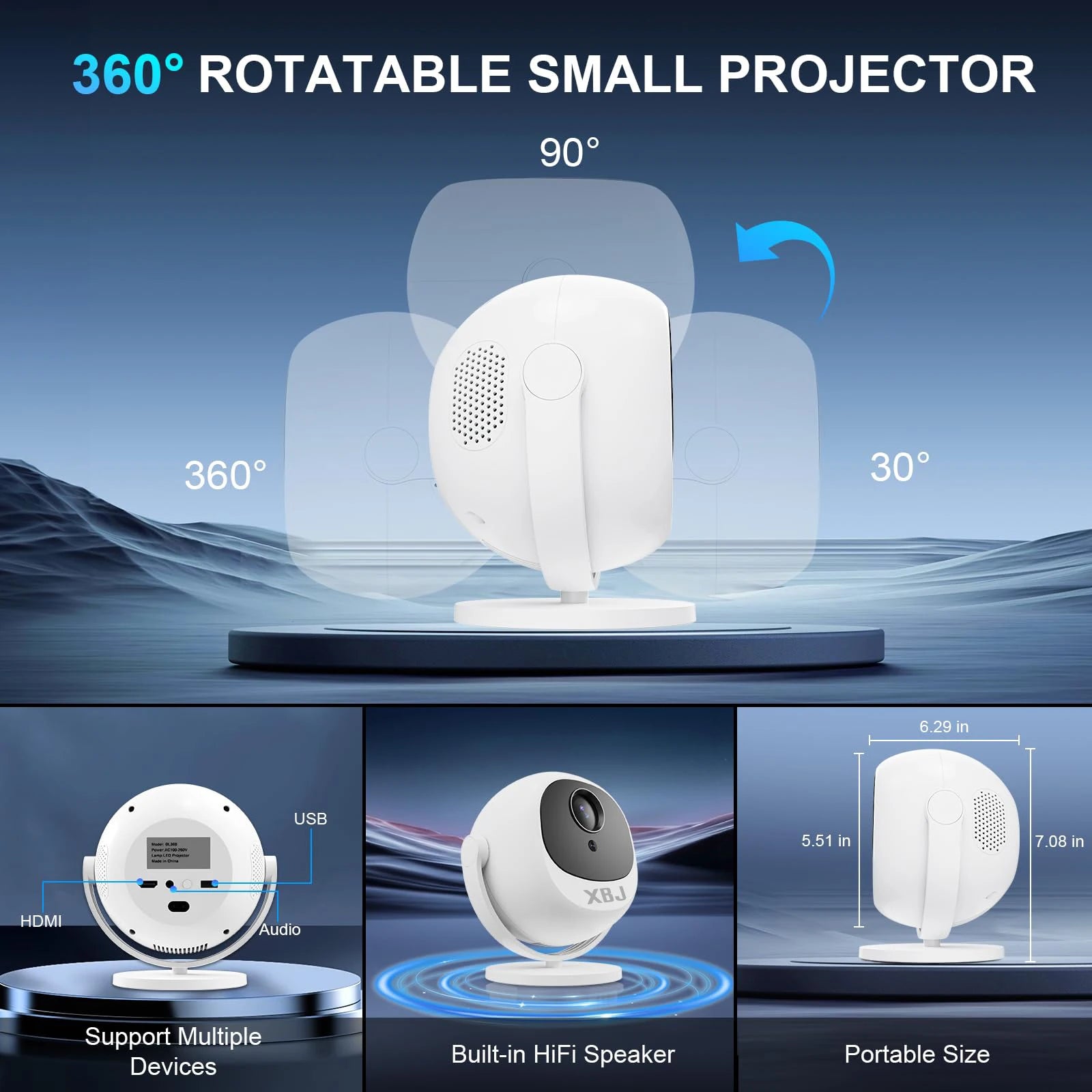 Proyector esférico de cine en casa 4K XBJ, Android WiFi 6 BT 5.0 Auto Keystone 360 °   Proyector de vídeo portátil de rotación para exteriores