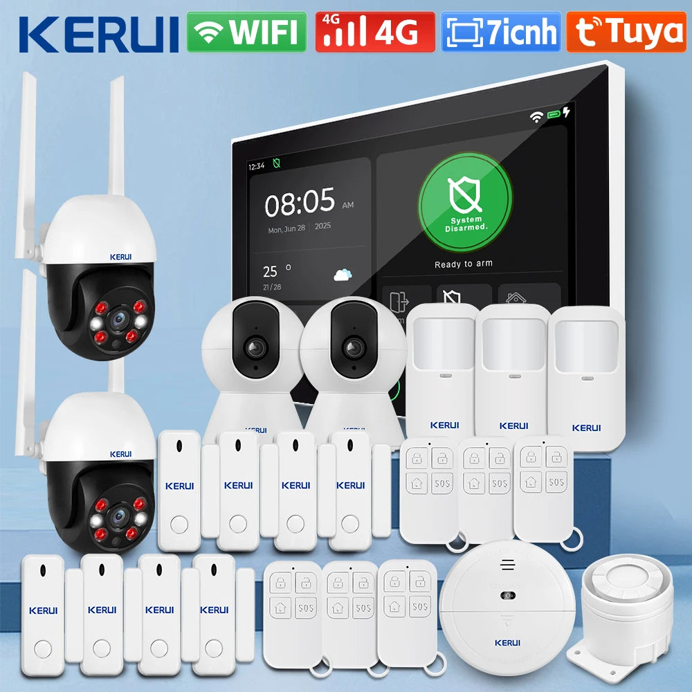 KERUI Tuya WiFi + sistema de alarma para el hogar 4G con Panel de pantalla táctil grande de 7 pulgadas conjunto de alarma FSK / ASK para protección de seguridad del hogar G70