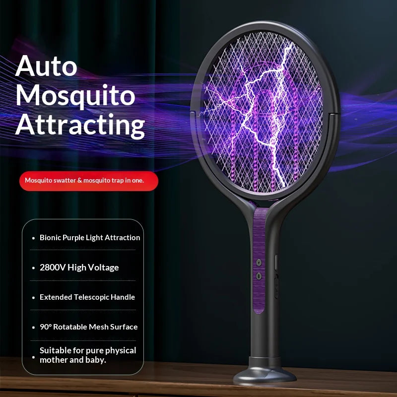 Raqueta Eléctrica Recargable para Matar Insectos con Cabezal Giratorio, Matamoscas y Lámpara Trampa para Mosquitos para Interiores y Exteriores