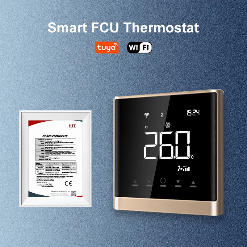 Termostato Modbus para Unidad Fan Coil (FCU) con Wifi, Compatible con la Aplicación Tuya Smart Life, Comunicación RS485, Pantalla LCD de 2.8 Pulgadas, Fácil Instalación, Aire Acondicionado