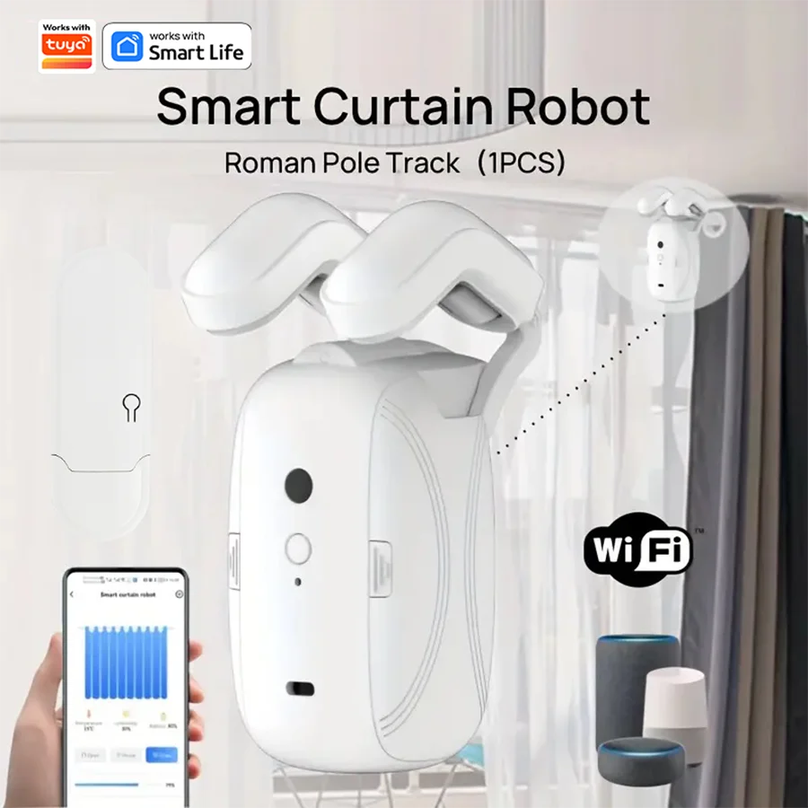 Robot de cortina WiFi inteligente con puerta de enlace Wi-Fi, Control de aplicación remota, arranque manual de apertura automática, Compatible con Alexa, 1/2 Uds.