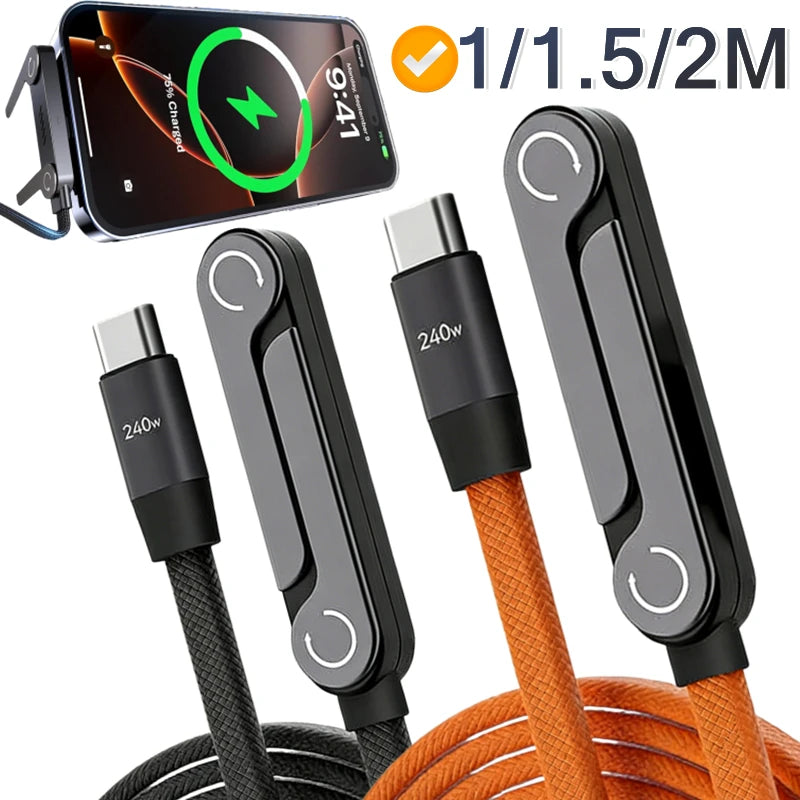Cable de Carga Rápida de 240W con Soporte Plegable para Teléfono, para iPhone 16 17 Pro Max, Samsung, Mi, Laptop, Cargador PD Tipo-C, Cable de Datos para Juegos