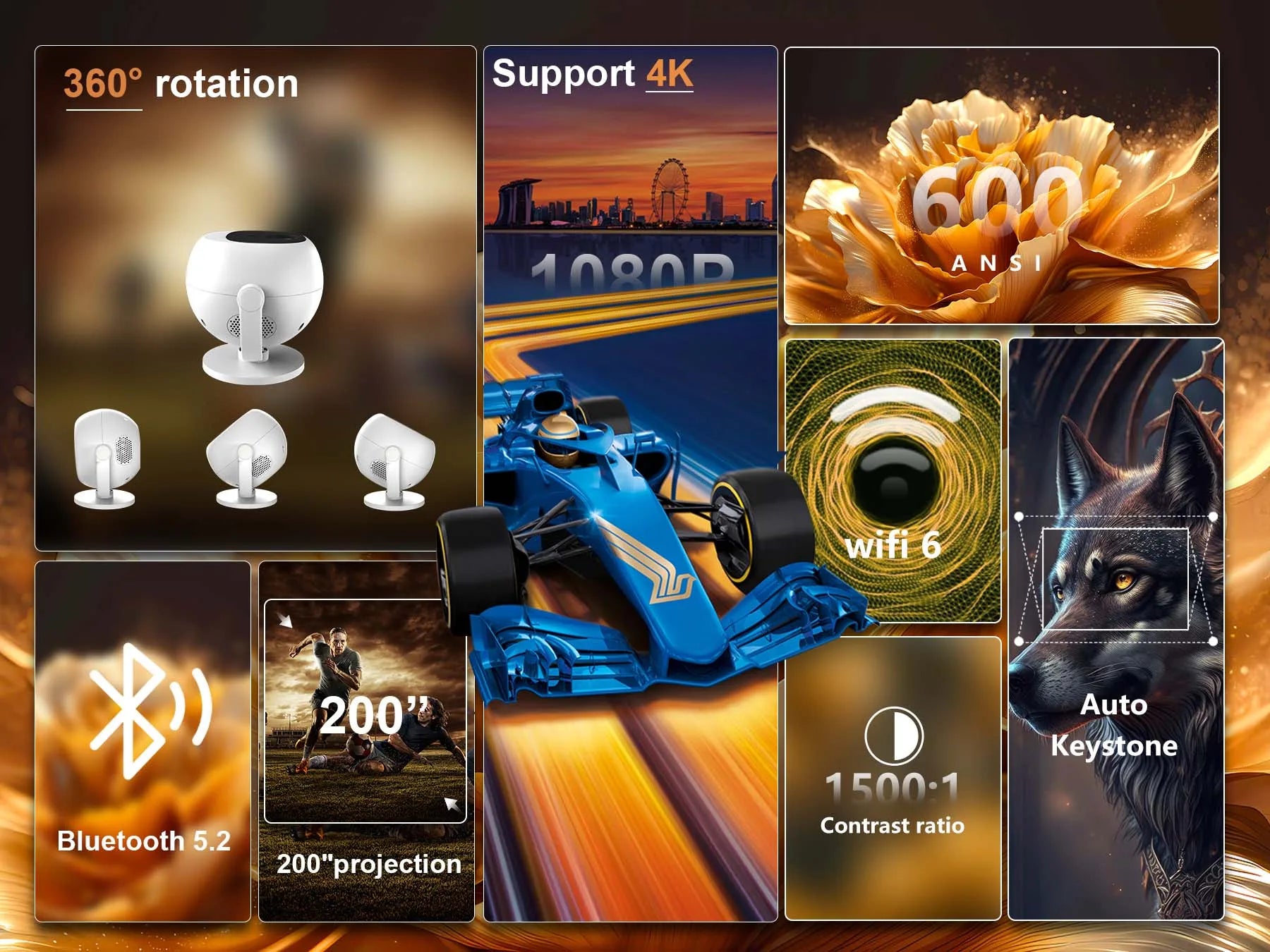 Proyector esférico de cine en casa 4K XBJ, Android WiFi 6 BT 5.0 Auto Keystone 360 °   Proyector de vídeo portátil de rotación para exteriores