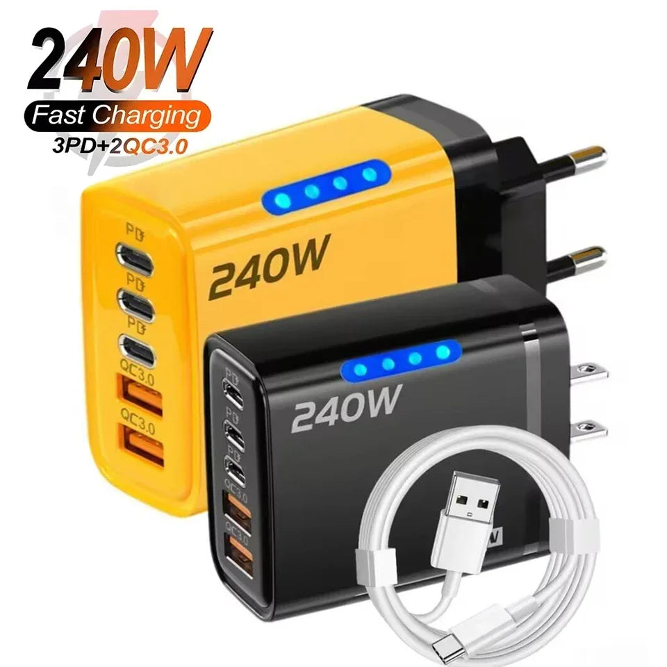 Cargador rápido GaN 5 en 1 de 240W, cargador de pared USB C multipuerto, adaptador de PC ignífugo con luz LED para iPhone, Samsung, Xiaomi, enchufe UE/EE. UU.