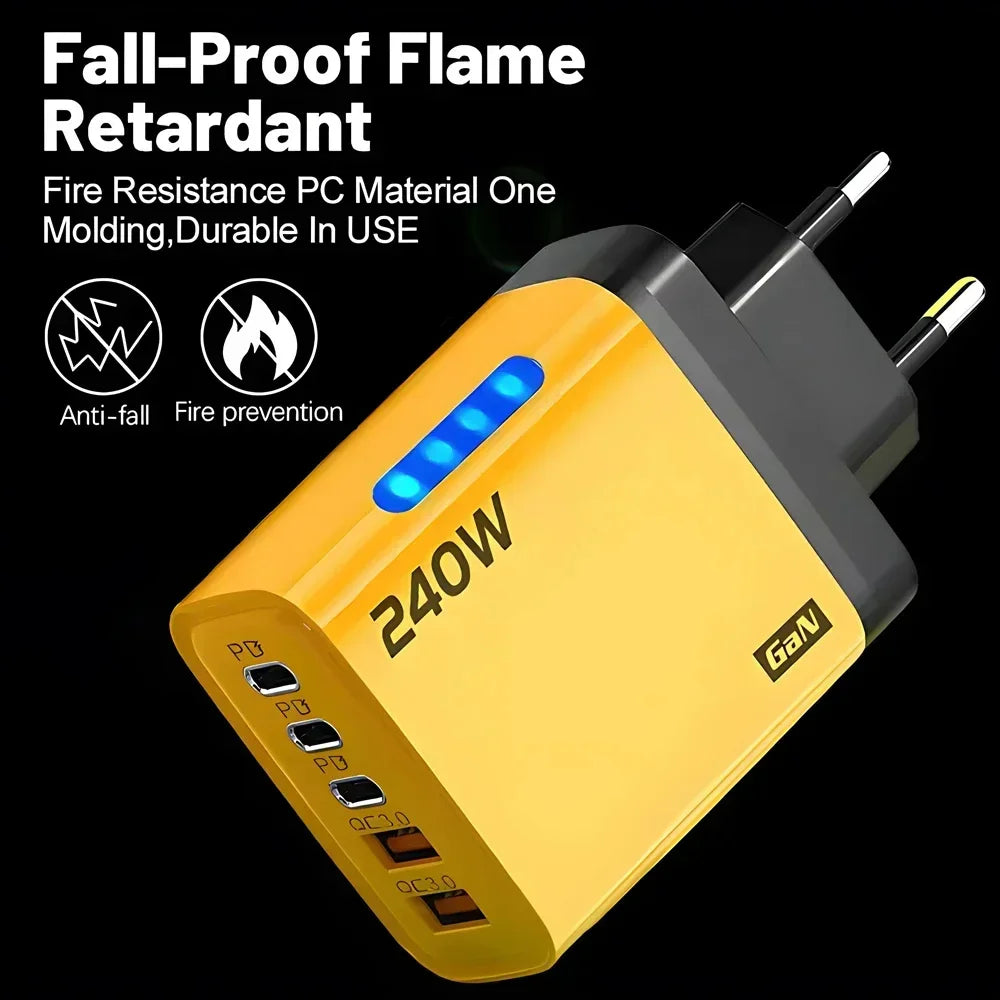 Cargador rápido GaN 5 en 1 de 240W, cargador de pared USB C multipuerto, adaptador de PC ignífugo con luz LED para iPhone, Samsung, Xiaomi, enchufe UE/EE. UU.