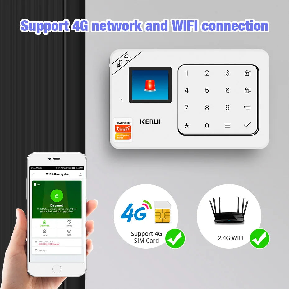 KERUI-Kit de alarma para el hogar, inalámbrico, WiFi, GSM, antirrobo, con pantalla táctil, aplicación Tuya Smart Life, sistema de alarma para protección de seguridad