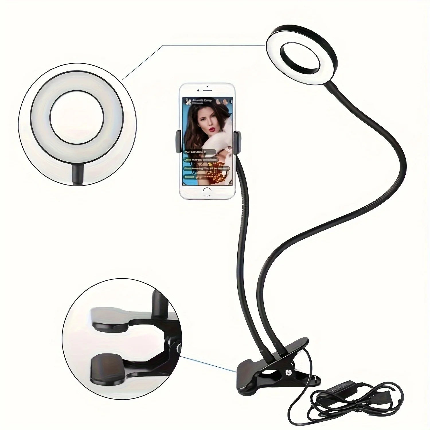 Anillo de luz para Selfie con soporte para teléfono, luz para Selfie con Clip, cuello de cisne Flexible ajustable, lámpara de anillo de escritorio 2 en 1 para transmisión en vivo