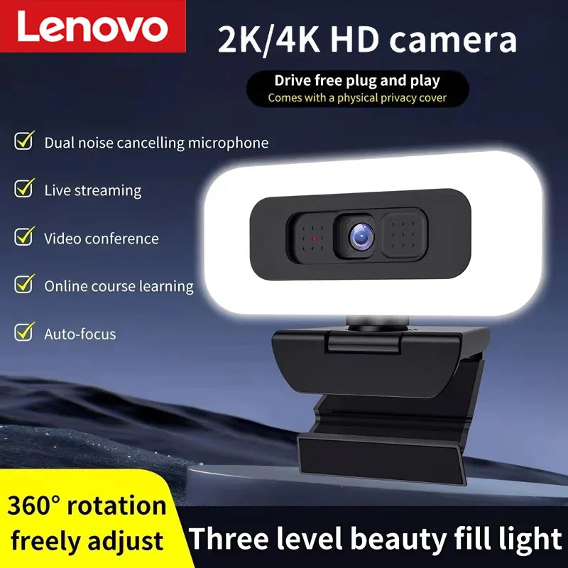 Cámara web Lenovo 2K/4K Ultra HD con enfoque automático, micrófono, luz y cubierta de protección de privacidad para transmisiones en vivo flexibles