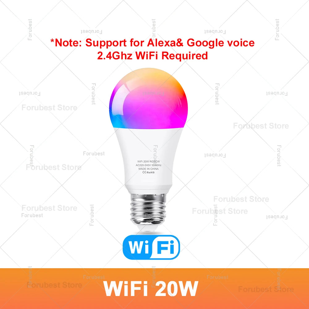 Bombilla LED inteligente Tuya E27 RGB CW 15W 20W WiFi Bluetooth lámpara Led decoración del hogar iluminación 220V 110V para Alexa Amazon Google Voice