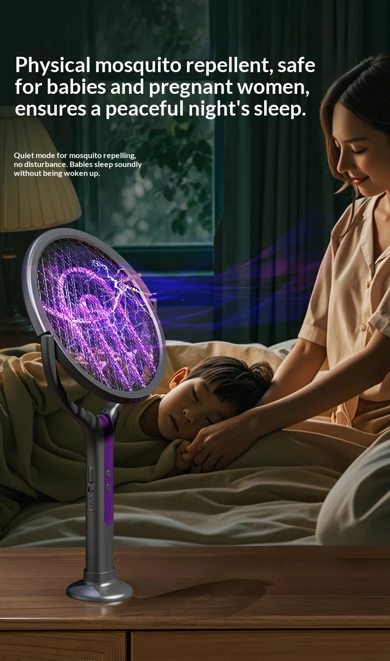 Raqueta Eléctrica Recargable para Matar Insectos con Cabezal Giratorio, Matamoscas y Lámpara Trampa para Mosquitos para Interiores y Exteriores