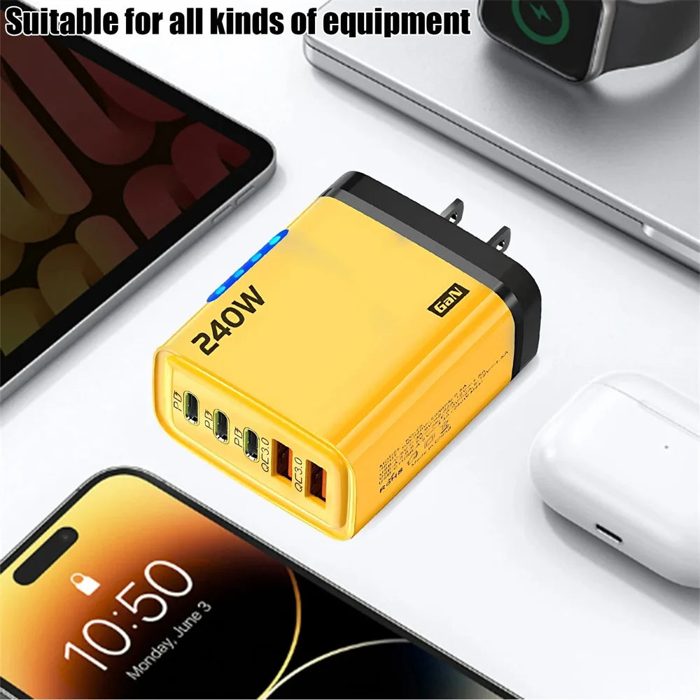 Cargador rápido GaN 5 en 1 de 240W, cargador de pared USB C multipuerto, adaptador de PC ignífugo con luz LED para iPhone, Samsung, Xiaomi, enchufe UE/EE. UU.