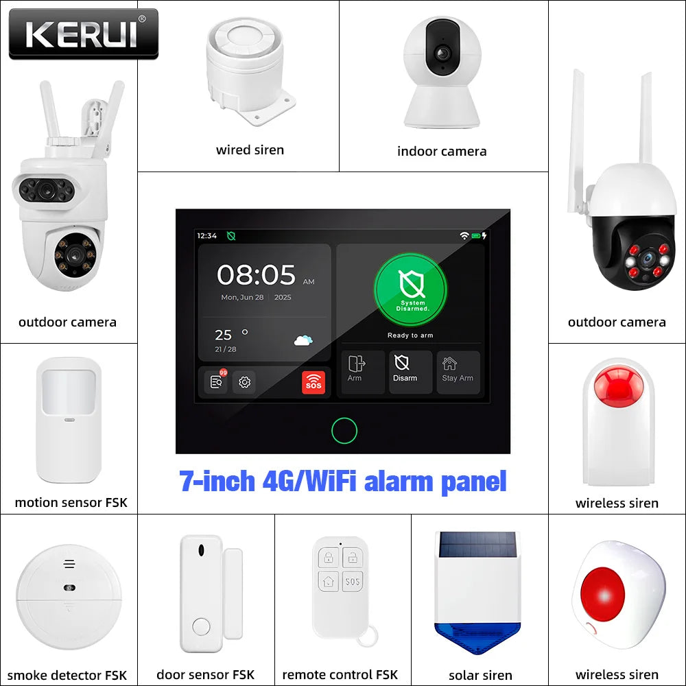 Alarma Doméstica KERUI 4G/WiFi GSM con Panel Táctil IPS de 7 Pulgadas, Compatible con el Sistema de Alarma Inalámbrica Tuya
