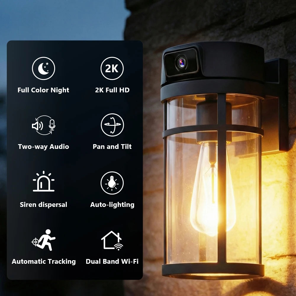 Cámara de Seguridad WiFi PTZ 2K para Exteriores Jarnex, con Detección Humana por IA, Luz para Patio, 4MP, Audio Bidireccional, Lámpara de Jardín PTZ