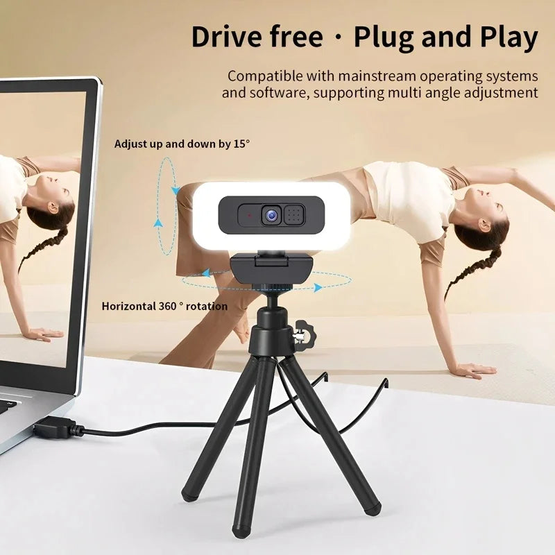 Cámara web Lenovo 2K/4K Ultra HD con enfoque automático, micrófono, luz y cubierta de protección de privacidad para transmisiones en vivo flexibles