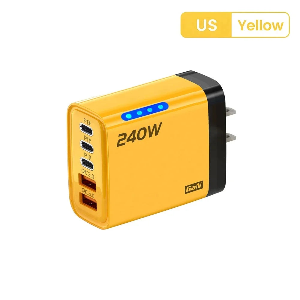 Cargador rápido GaN 5 en 1 de 240W, cargador de pared USB C multipuerto, adaptador de PC ignífugo con luz LED para iPhone, Samsung, Xiaomi, enchufe UE/EE. UU.