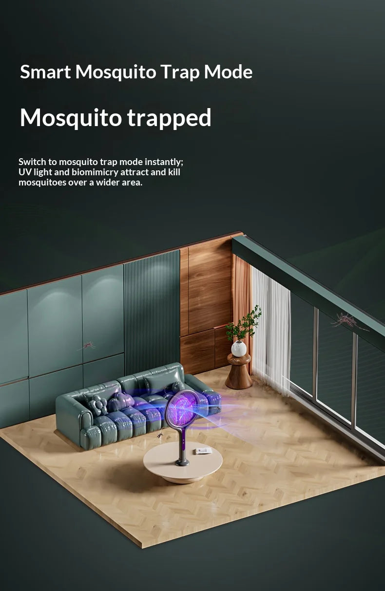 Raqueta Eléctrica Recargable para Matar Insectos con Cabezal Giratorio, Matamoscas y Lámpara Trampa para Mosquitos para Interiores y Exteriores