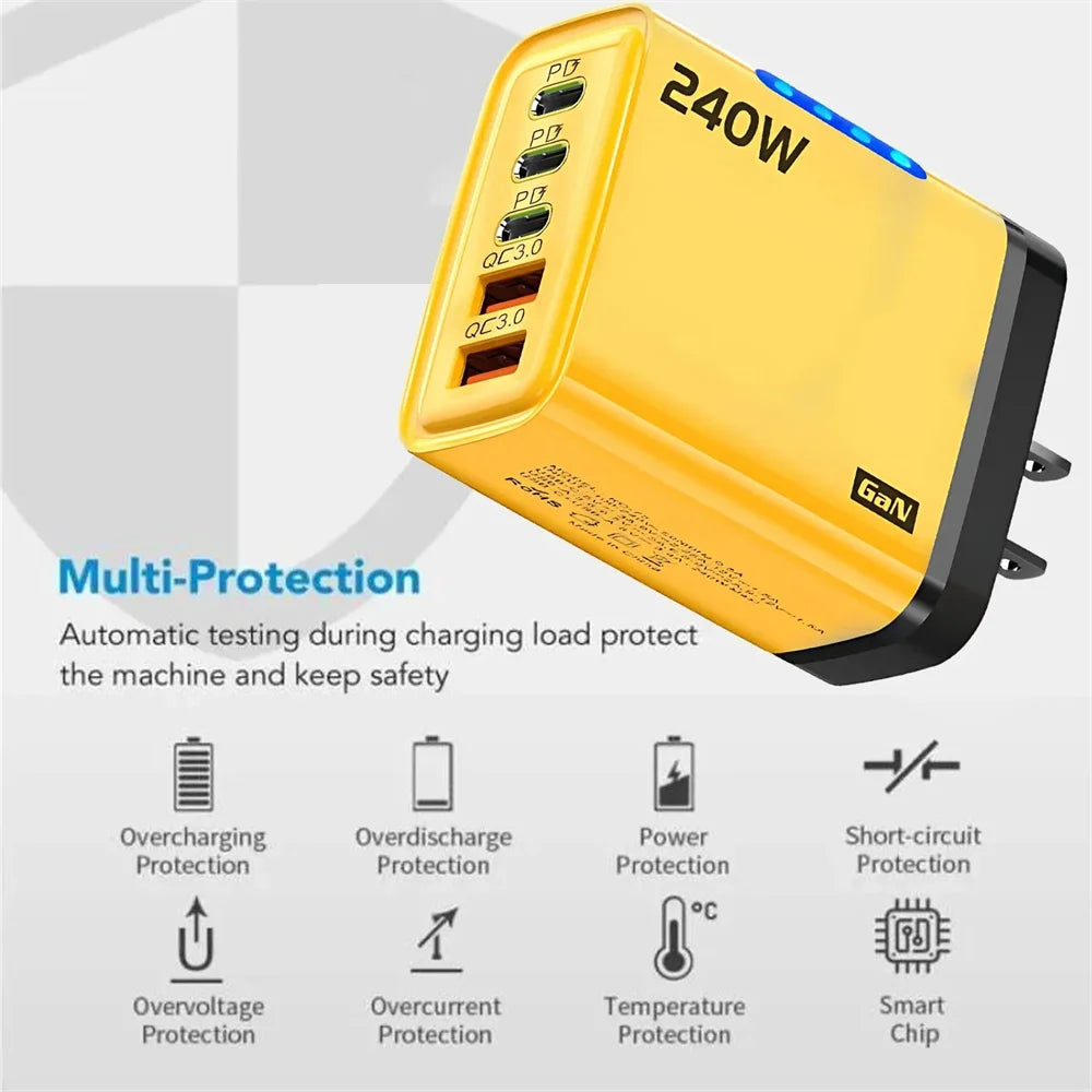 Cargador rápido GaN 5 en 1 de 240W, cargador de pared USB C multipuerto, adaptador de PC ignífugo con luz LED para iPhone, Samsung, Xiaomi, enchufe UE/EE. UU.