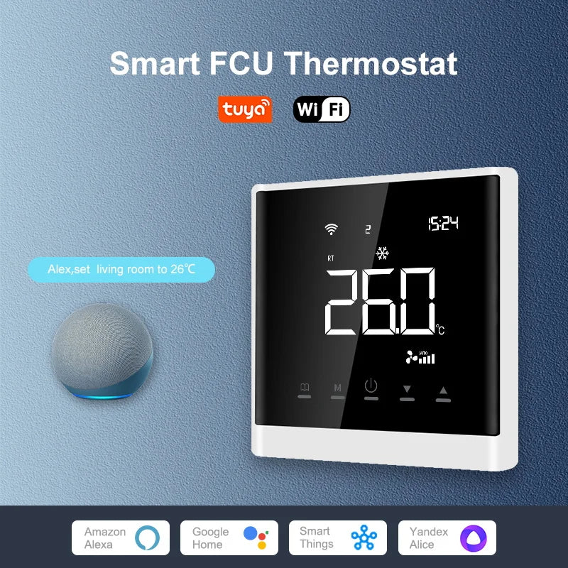 Termostato Modbus para Unidad Fan Coil (FCU) con Wifi, Compatible con la Aplicación Tuya Smart Life, Comunicación RS485, Pantalla LCD de 2.8 Pulgadas, Fácil Instalación, Aire Acondicionado