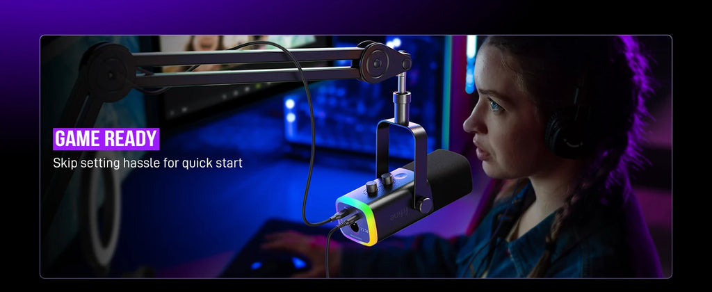 Micrófono dinámico FIFINE USB/XLR con Control RGB/conector para auriculares/mú, micrófono para grabación de juegos de PC Streaming AmpliGame-AM8