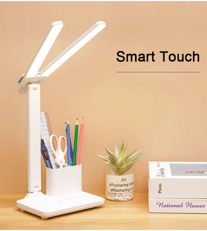 Lámpara de mesa de reloj LED recargable por USB, lámparas de escritorio regulables, 2 cabezales, rotación de 180 grados, protección ocular plegable, luces nocturnas de lectura de escritorio